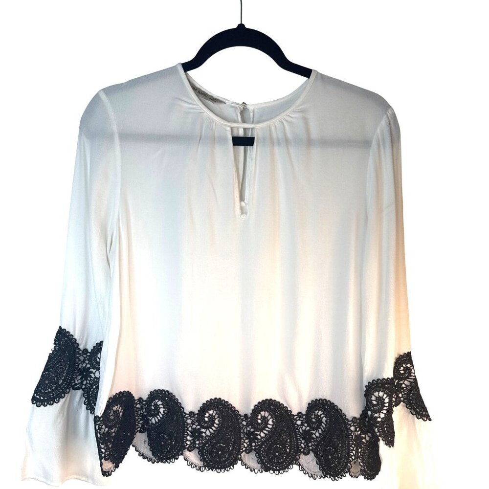 2/$30 ZARA Basic Small White Blouse With Black Lace Trim
